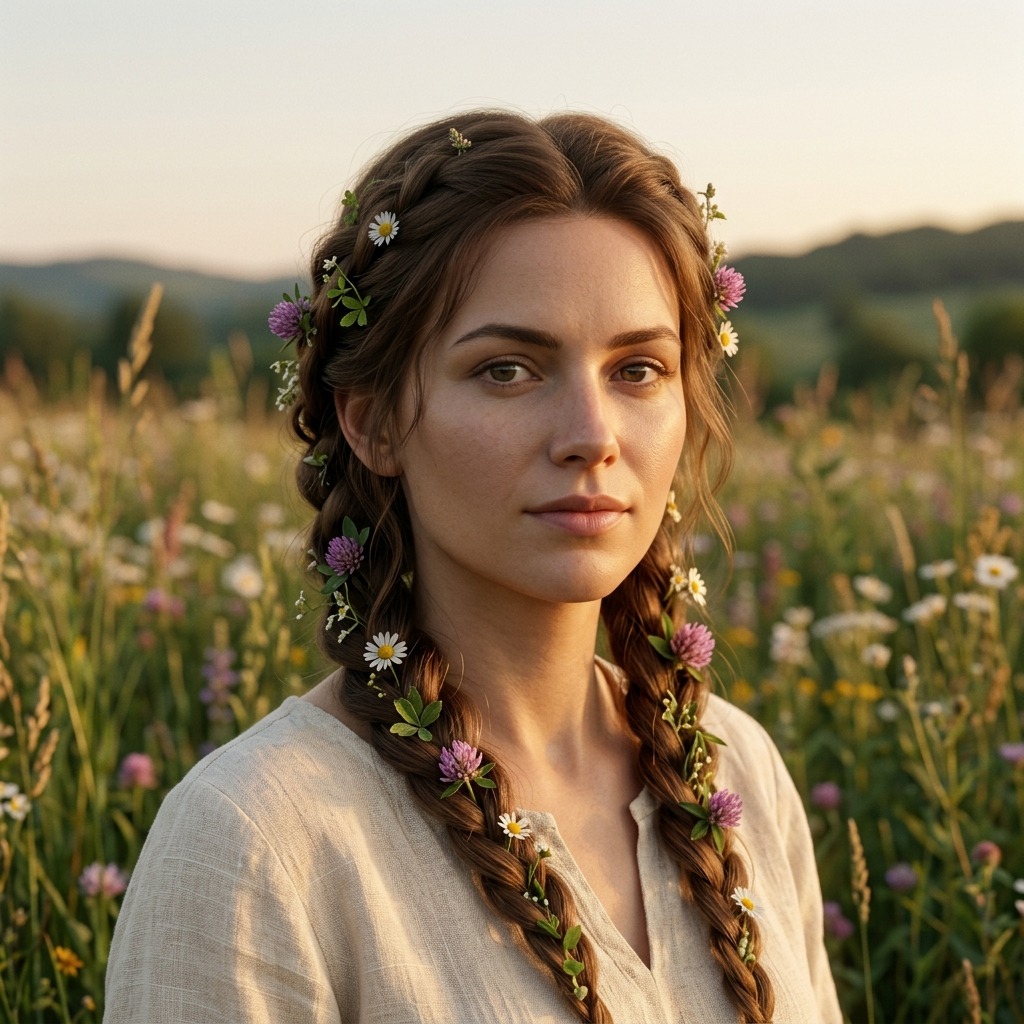 An adult woman with braided hair with wildflowers at meadow