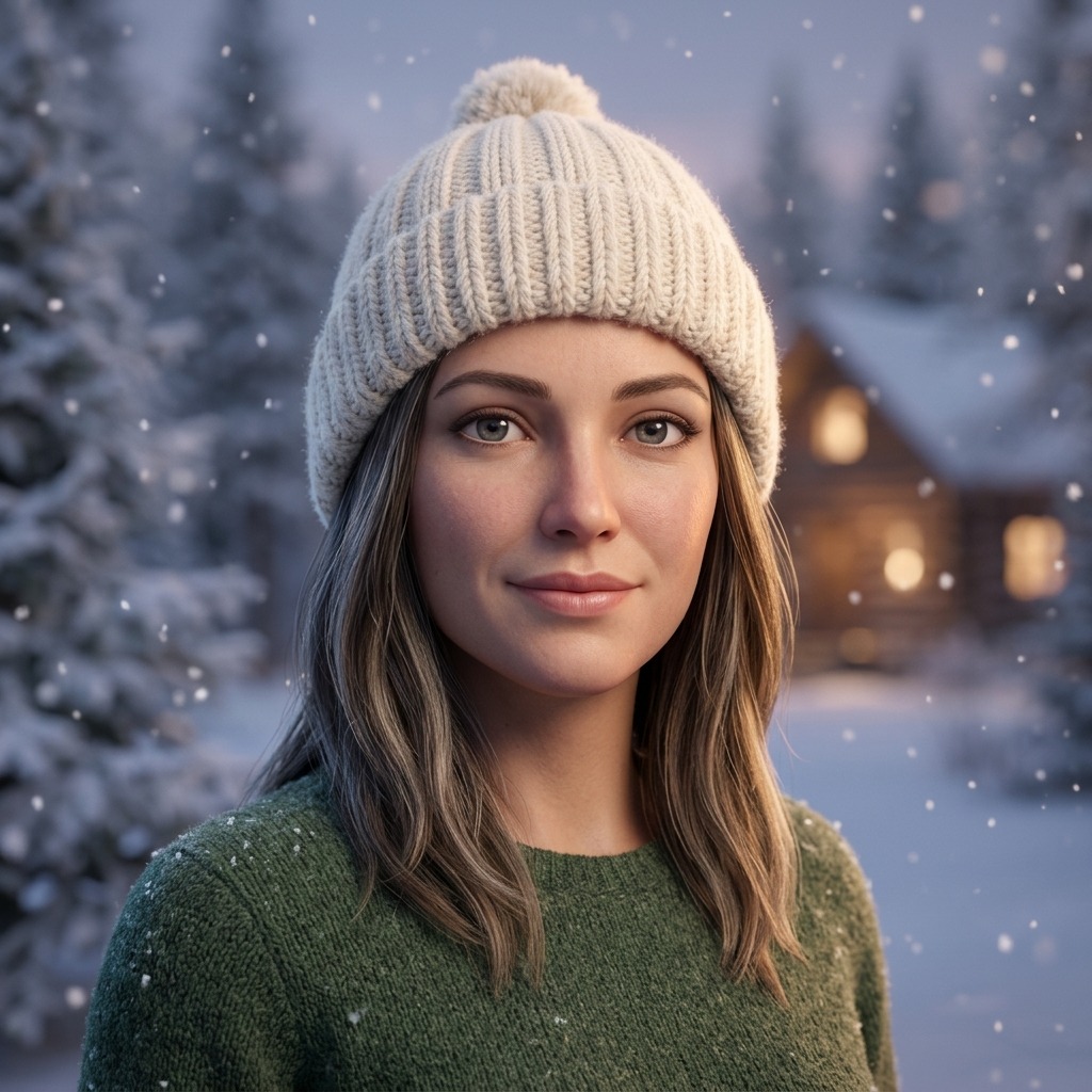 An adult woman with ivory knit hat in gentle snowfall