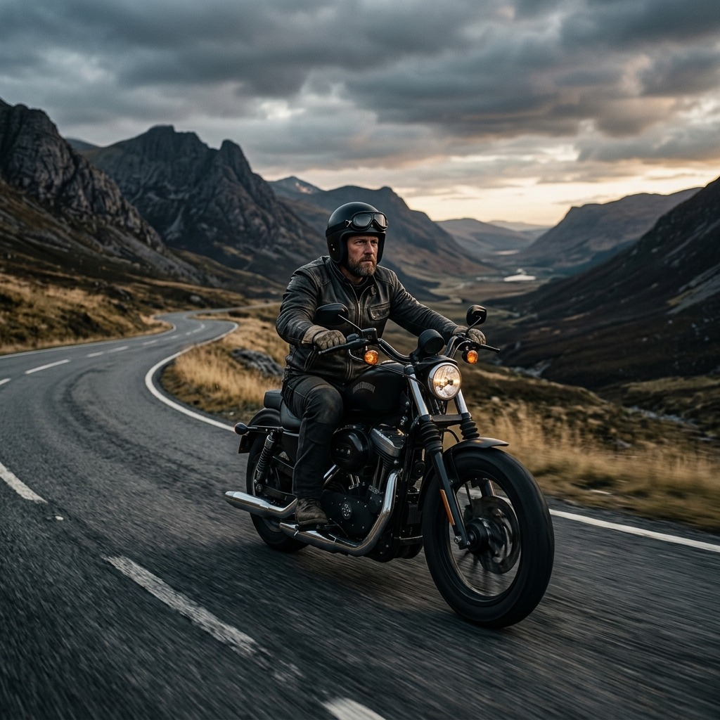 Adult biker in leather jacket on empty road