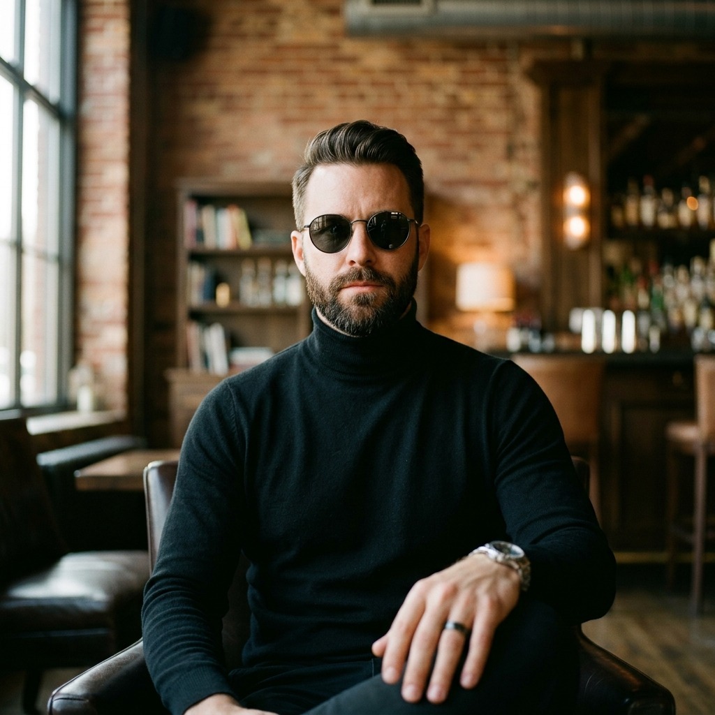 Adult man in black turtleneck and round sunglasses