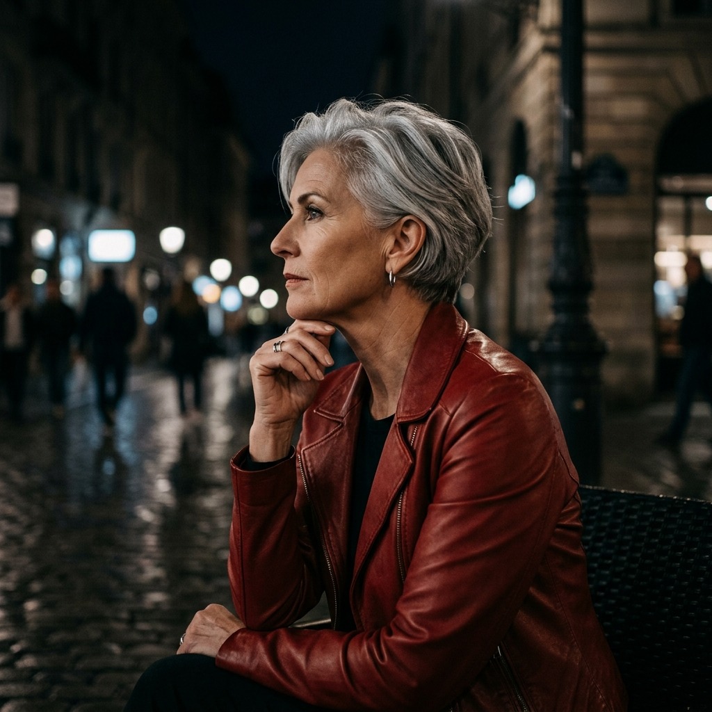 Adult woman with short silver hair and red jacket