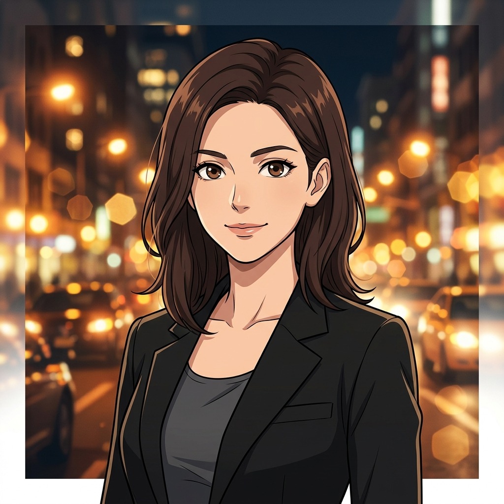 An adult woman with black blazer against amber city lights