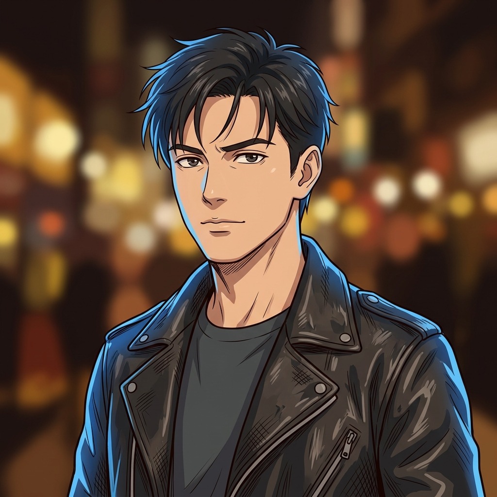 An adult man with black leather jacket with blue studio rim light
