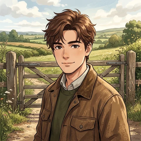 An adult man with brown jacket beside a countryside gate