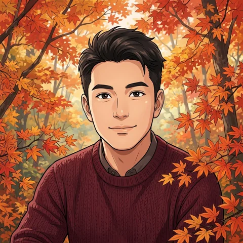 An adult man with burgundy sweater beside autumn maple trees