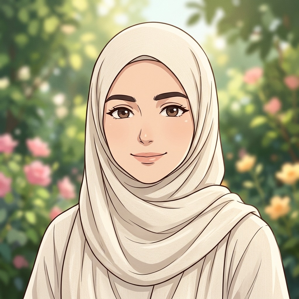 An adult woman with cream hijab and soft garden bokeh