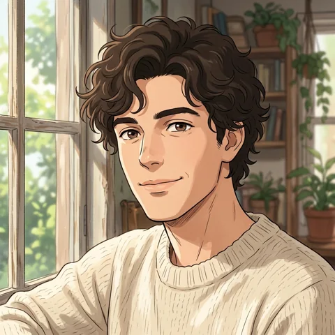 An adult man with curly hair and cream sweater near a window
