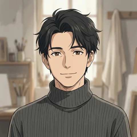 An adult man with grey turtleneck in a minimalist studio