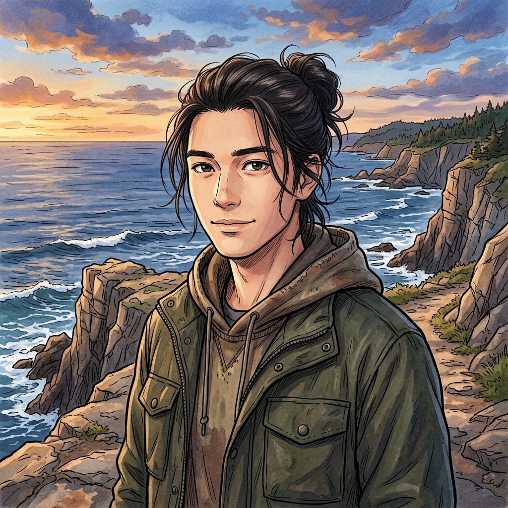 An adult man with long tied hair on a coastal cliff