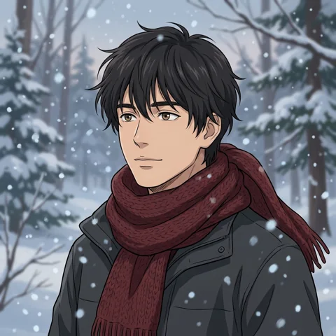 An adult man with maroon scarf beside falling snow