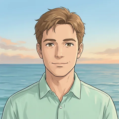 An adult man with mint shirt against quiet ocean horizon