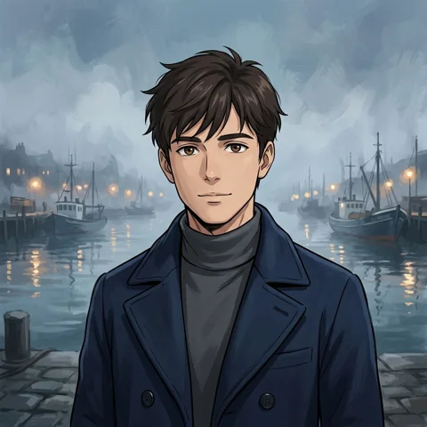 An adult man with navy peacoat at a foggy harbor