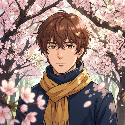 An adult man with ochre scarf under cherry blossoms