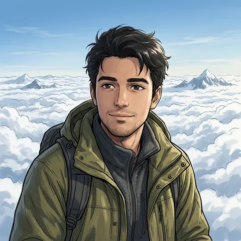 An adult man with olive hiking jacket above clouds