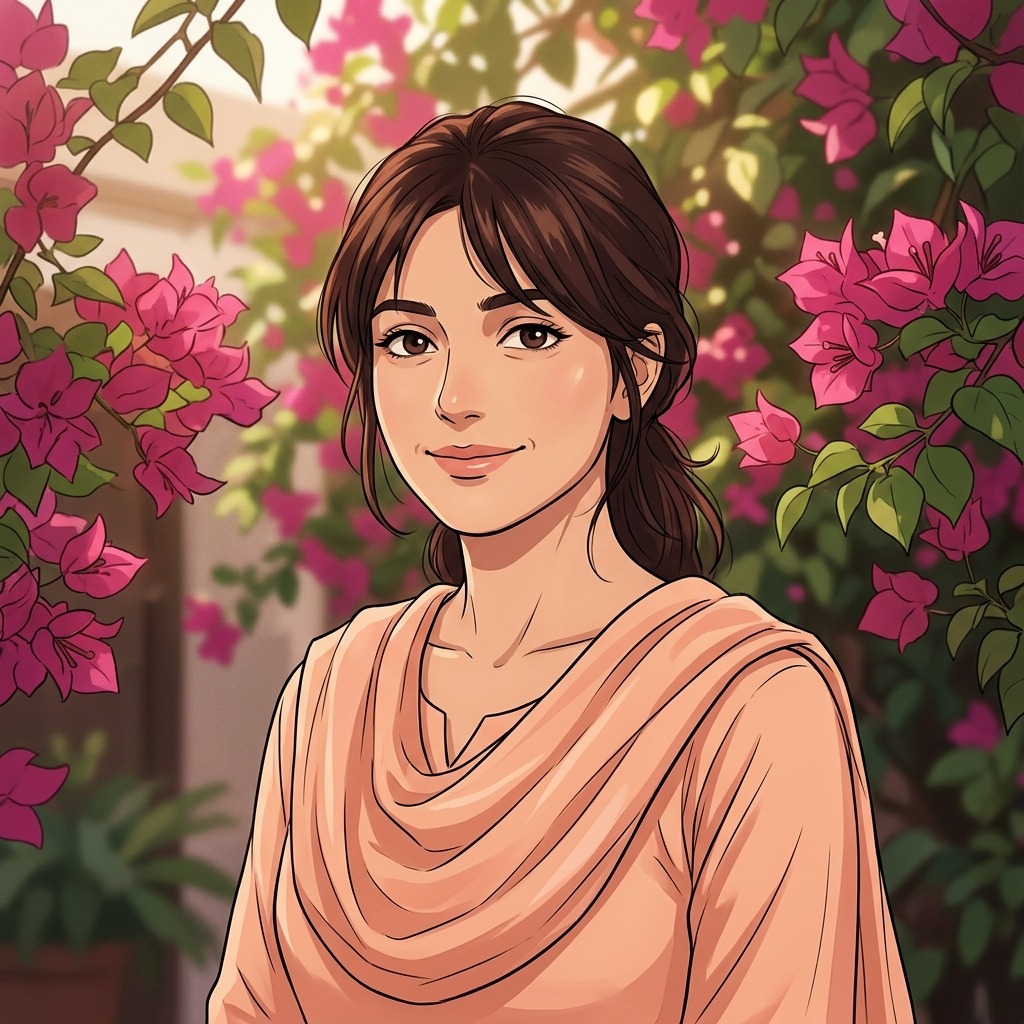 An adult woman with peach shalwar kameez by bougainvillea