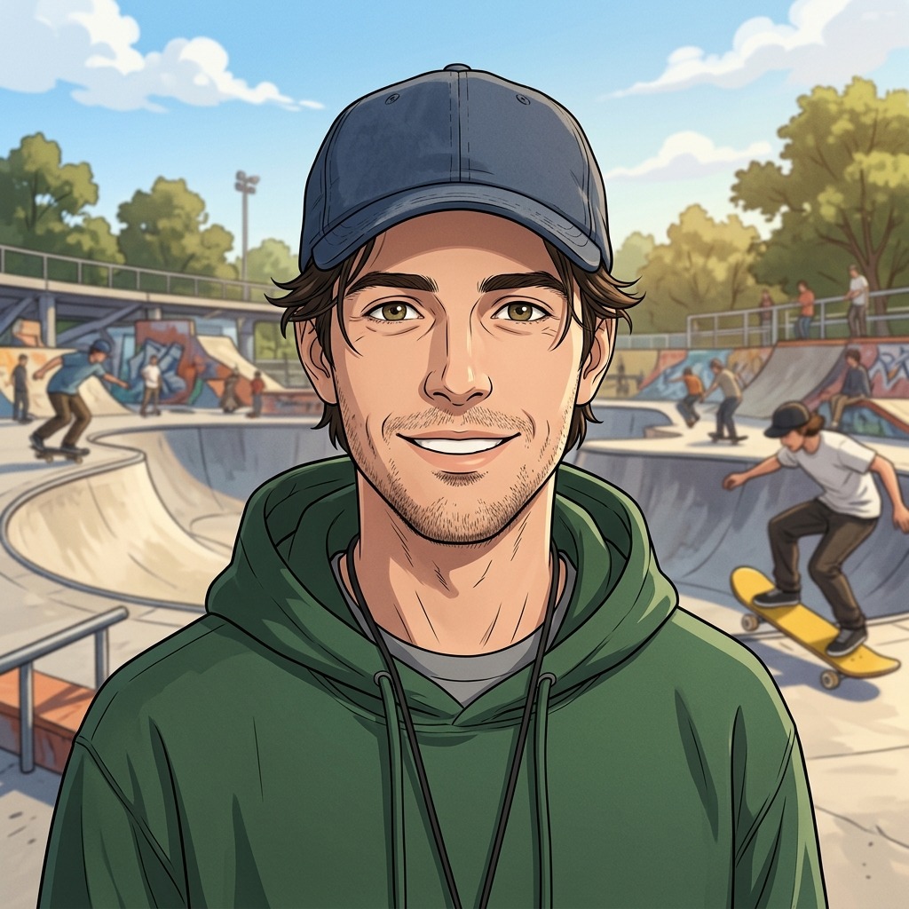 An adult man with plain baseball cap at a sunlit skatepark