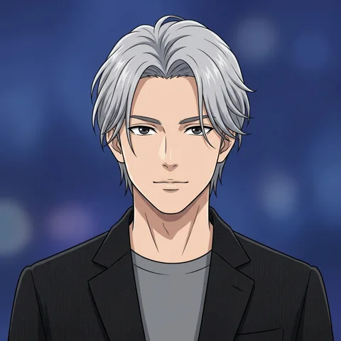 An adult man with silver hair and black blazer against indigo