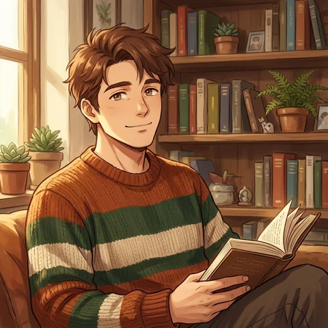 An adult man with striped knit sweater in warm reading nook