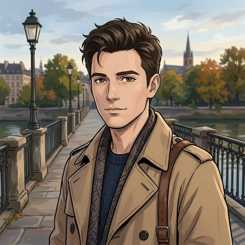 An adult man with tan trench coat on a quiet bridge