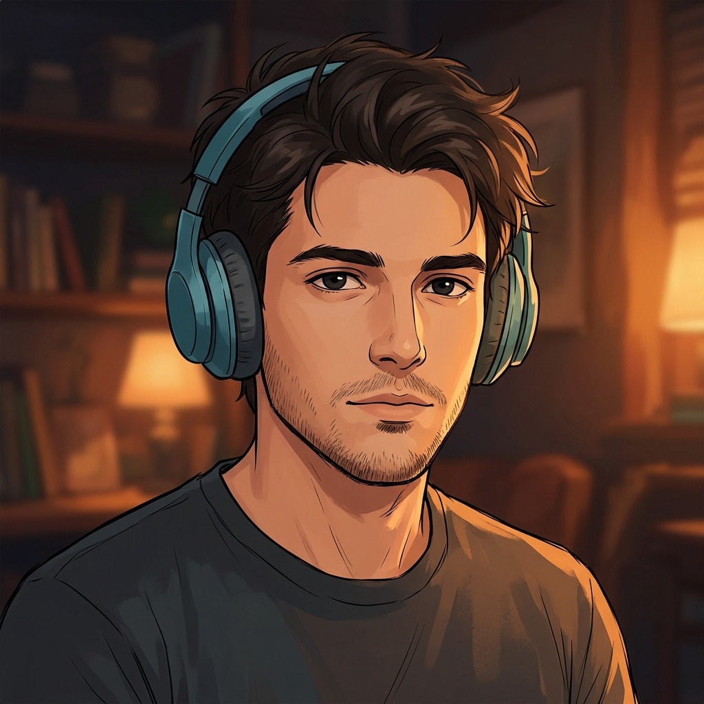 An adult man with teal headphones and dark shirt with amber light