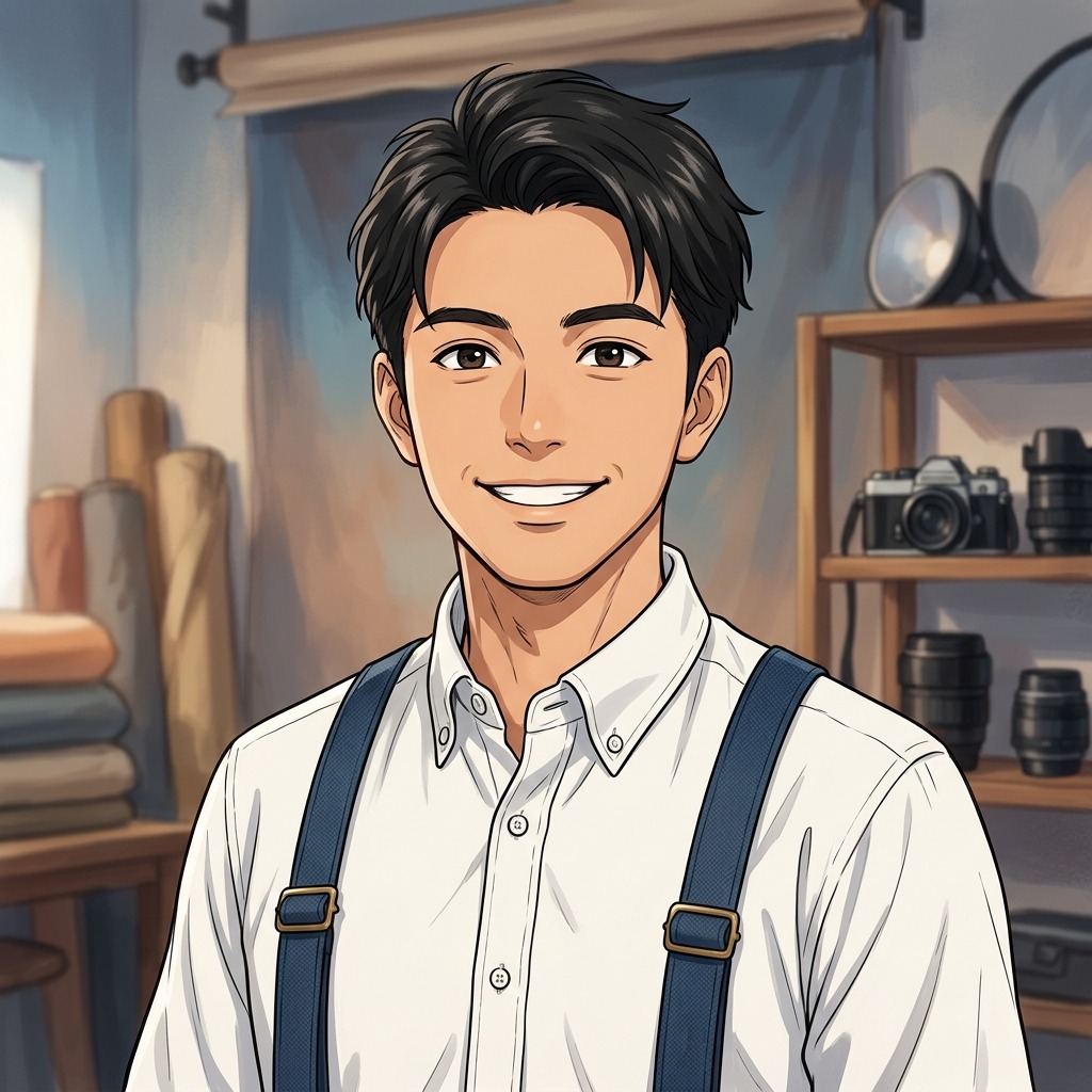 An adult man with white shirt and suspenders in portrait studio