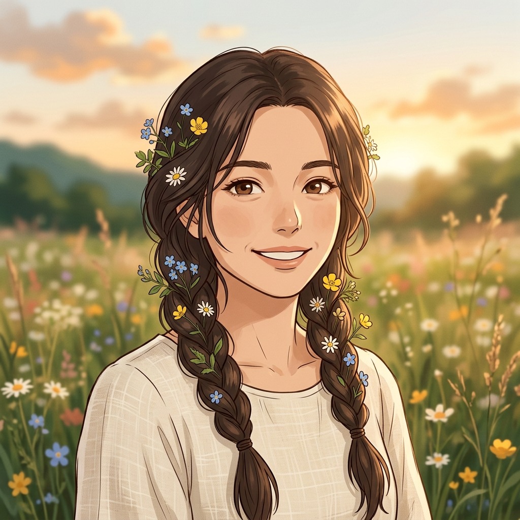 An adult woman with braided hair with wildflowers at meadow