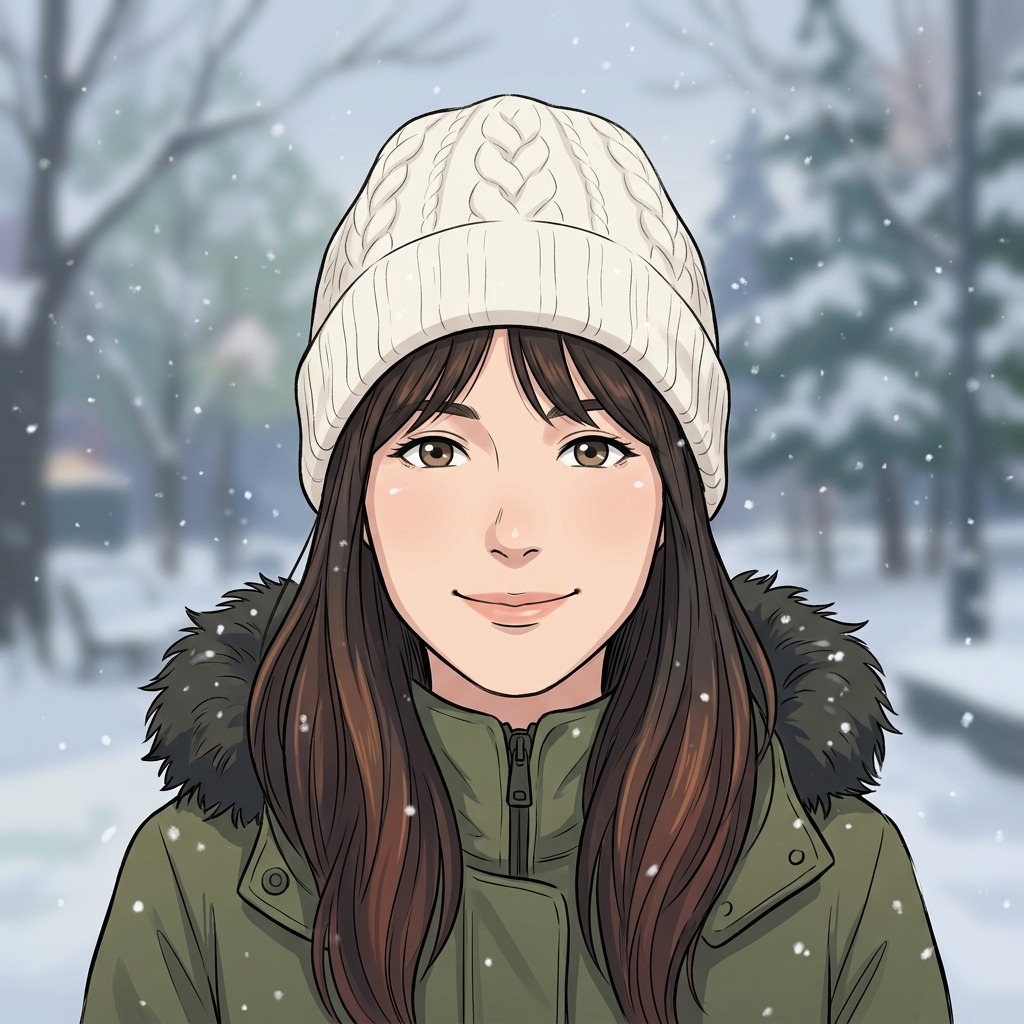 An adult woman with ivory knit hat in gentle snowfall