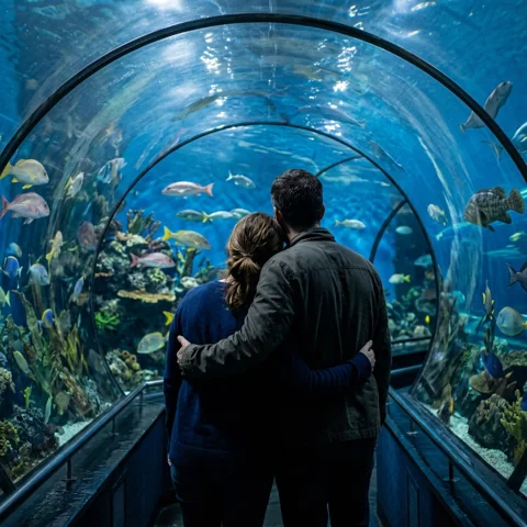 Adult couple admiring an aquarium tunnel from behind
