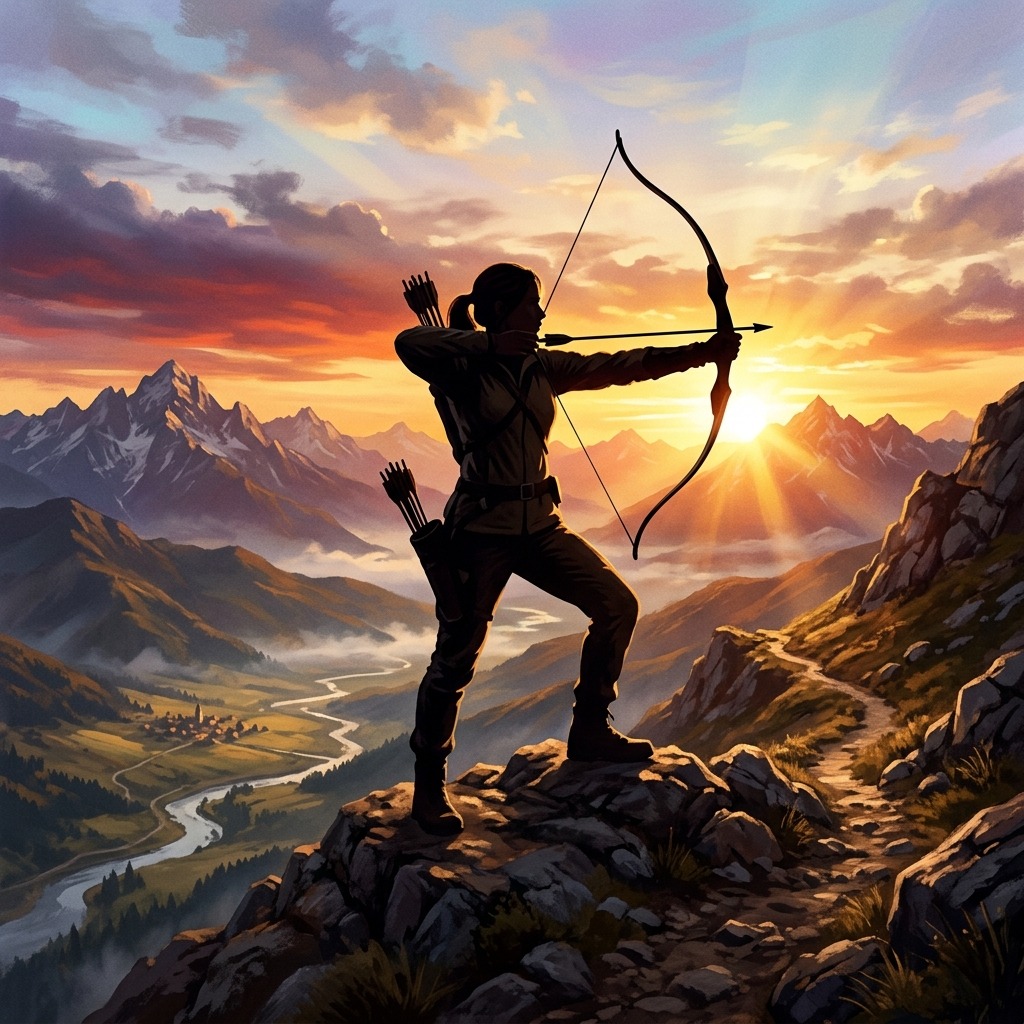 Archer silhouette aiming toward sunrise with no target text