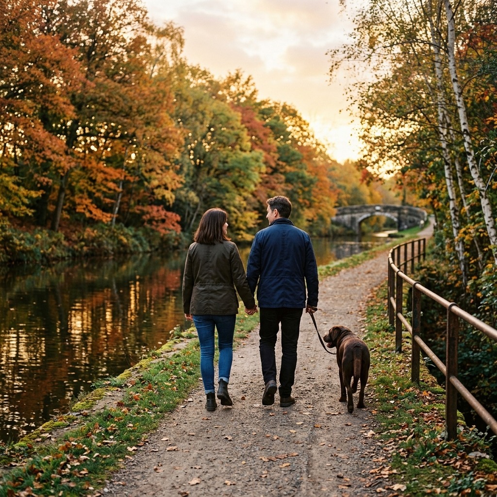Adult couple walking a dog along an autumn canal