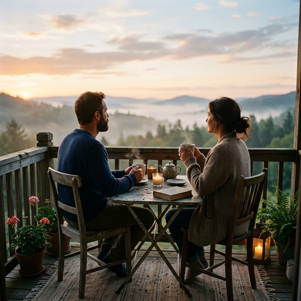 Adult couple sharing tea on a quiet balcony at dawn