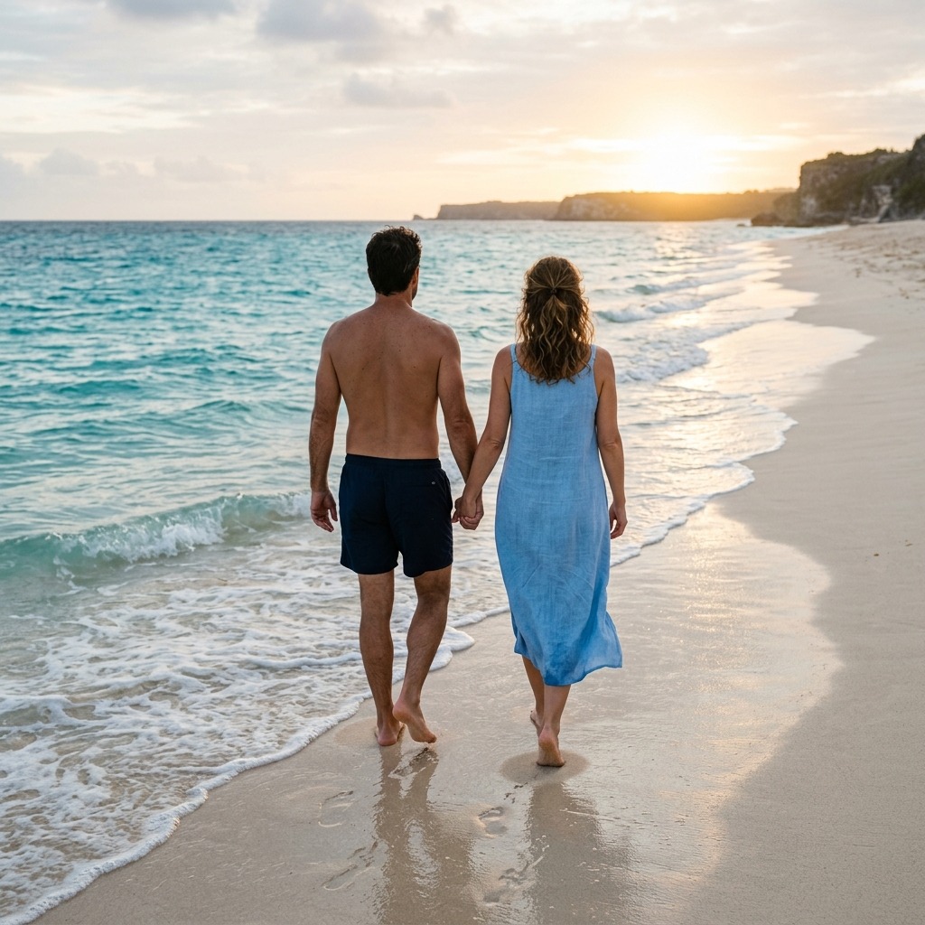 Adult couple walking barefoot beside turquoise surf from behind