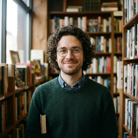 An adult man with curly hair and round glasses in bookshop