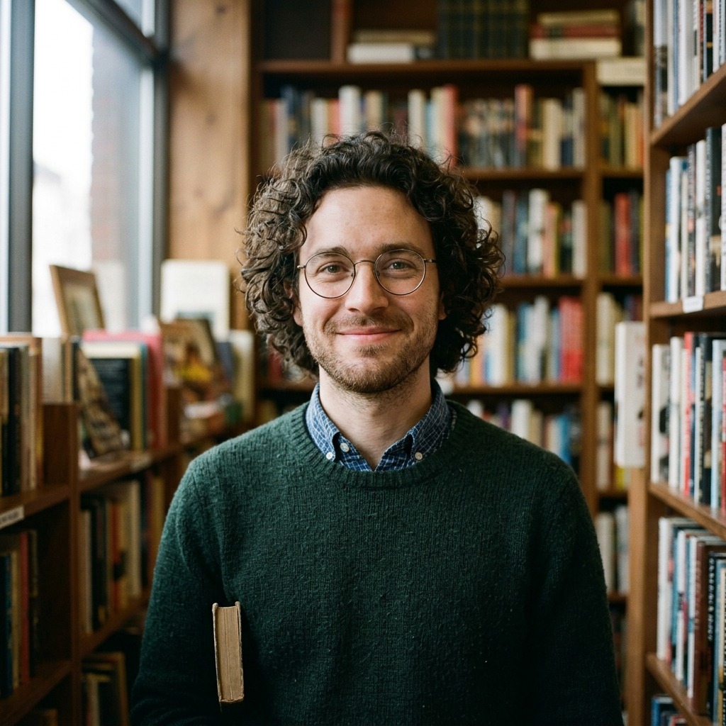 An adult man with curly hair and round glasses in bookshop