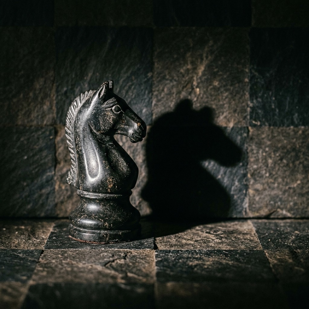 Chess knight casting a dramatic shadow