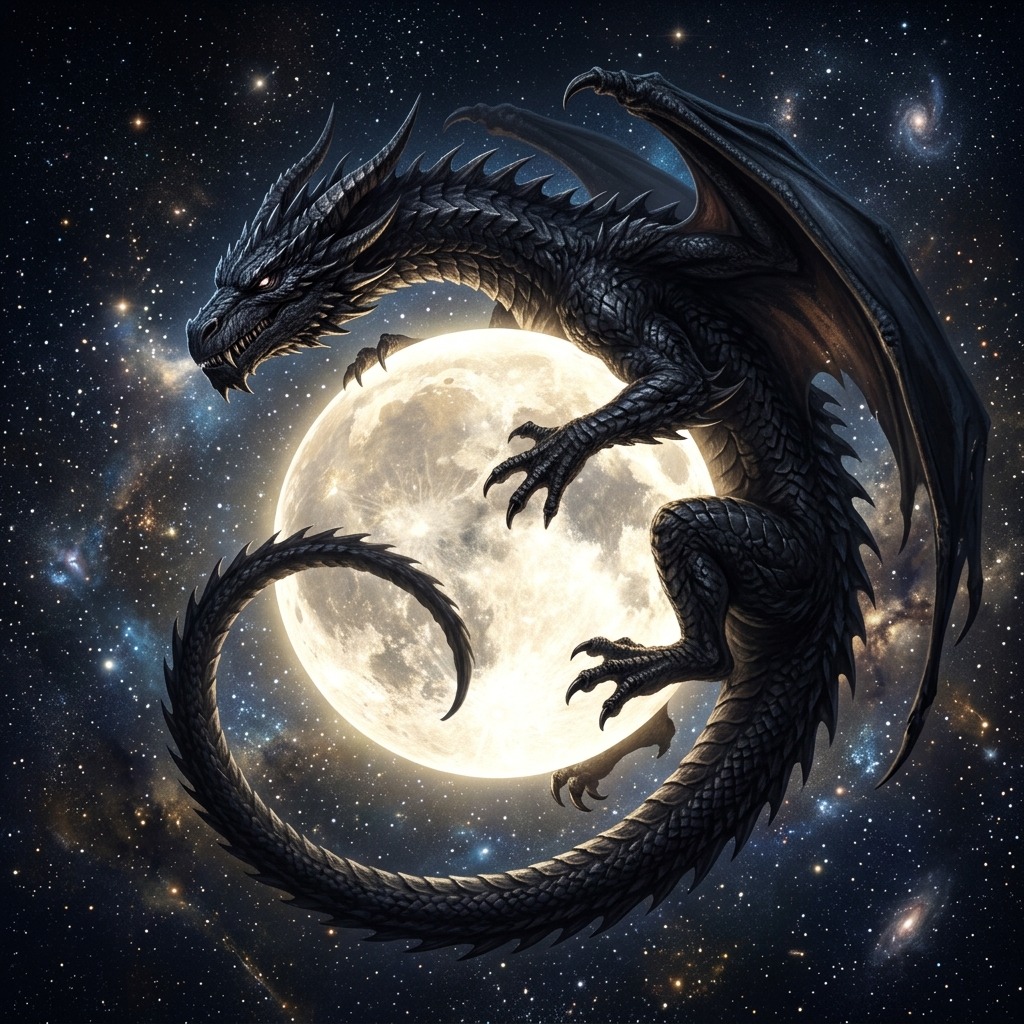 Black dragon curled around a luminous moon