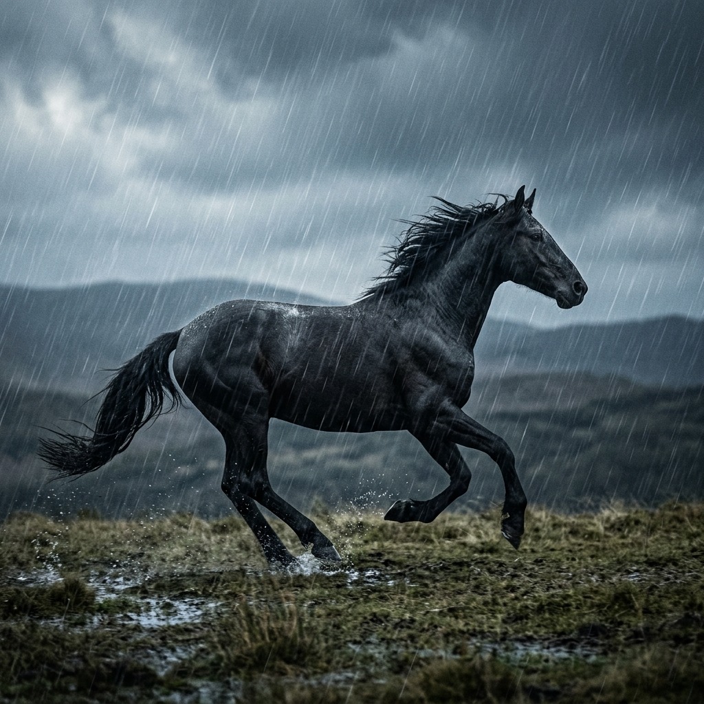 Black horse galloping through silver rain