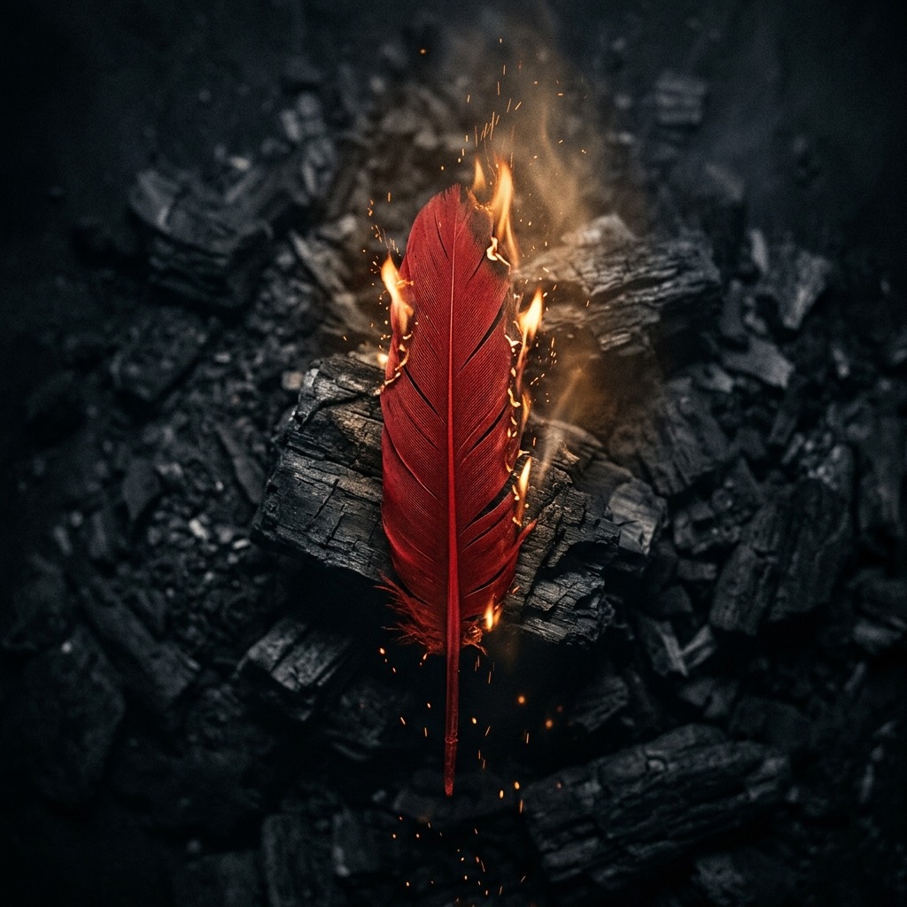 Burning red feather against charcoal