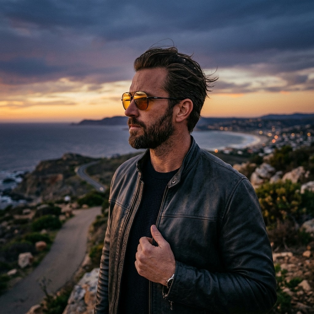 Confident adult man wearing amber sunglasses at dusk