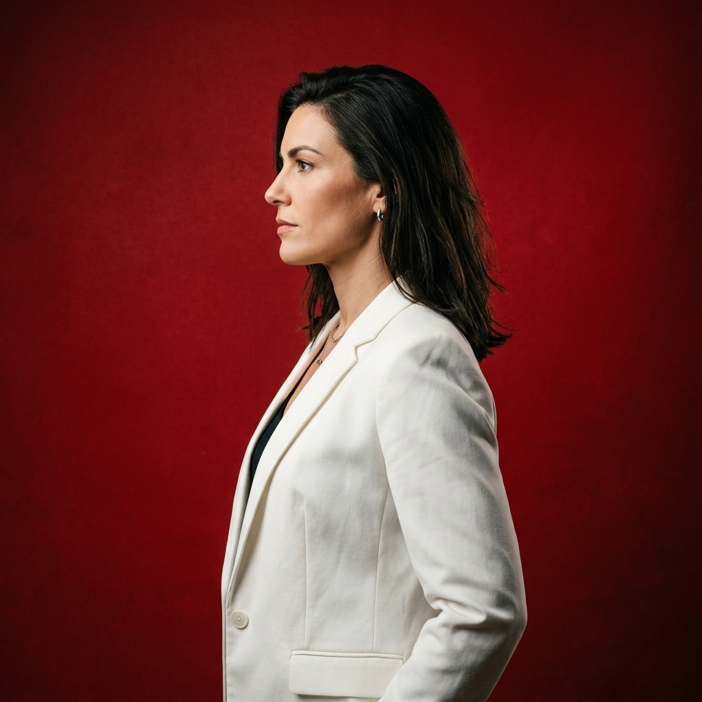 Confident adult woman in white blazer against red studio