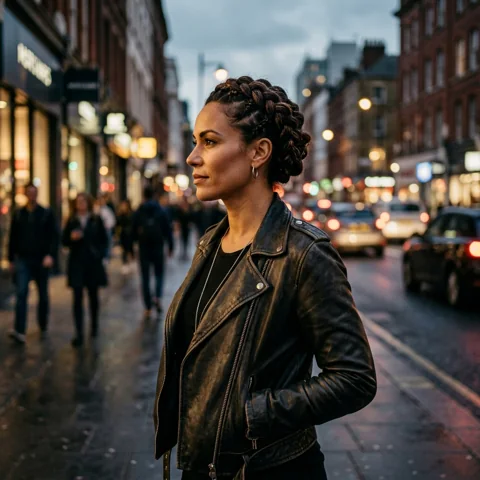 Confident adult woman with braided hair and leather jacket
