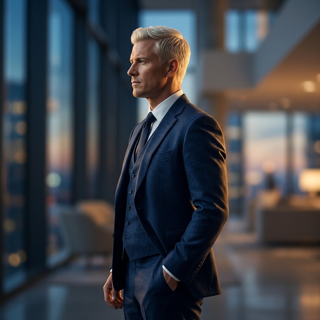 Confident man with platinum hair in a navy suit