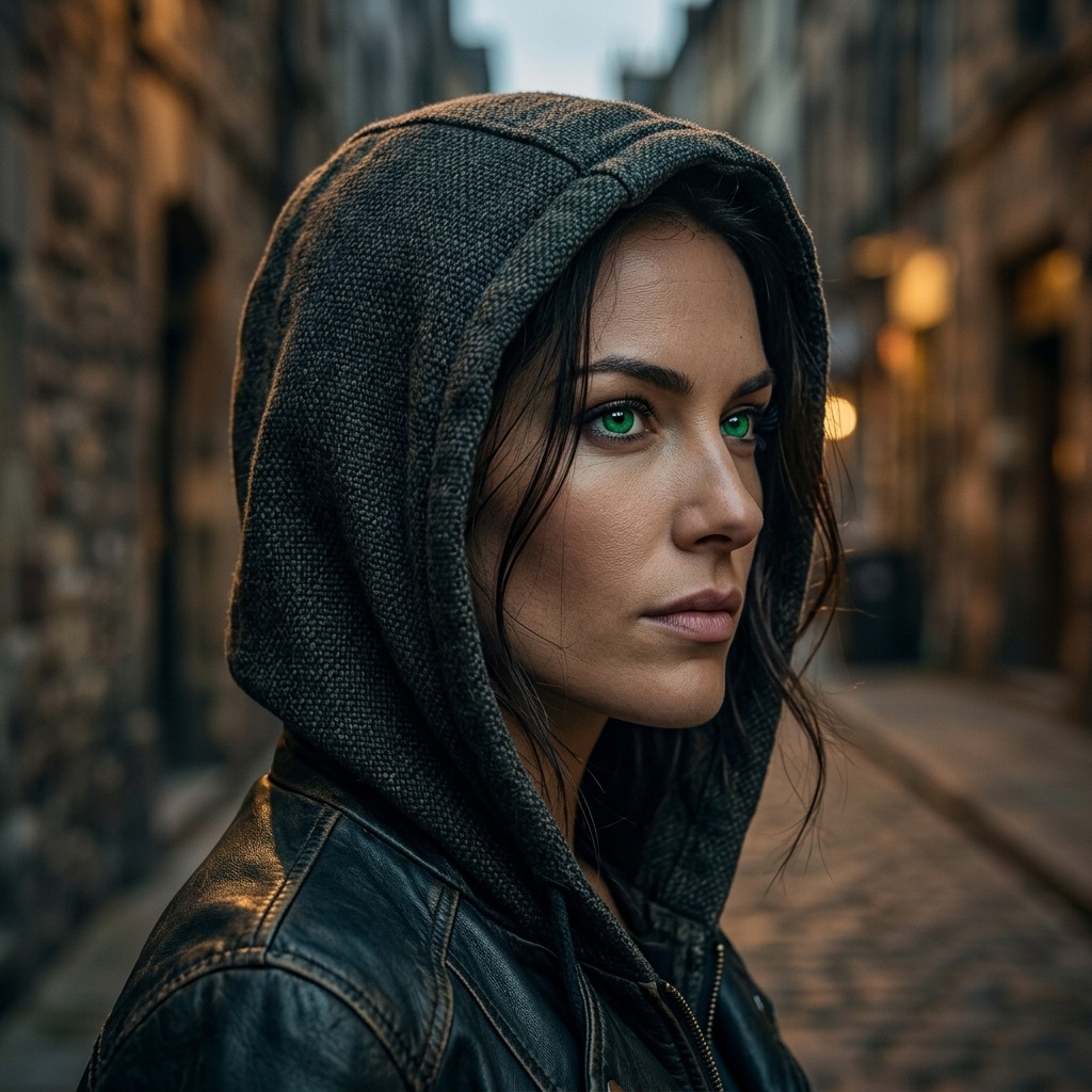 Confident woman with emerald eyes in a hood