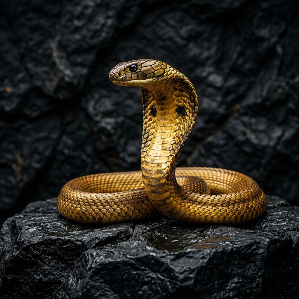 Golden cobra coiled on black stone
