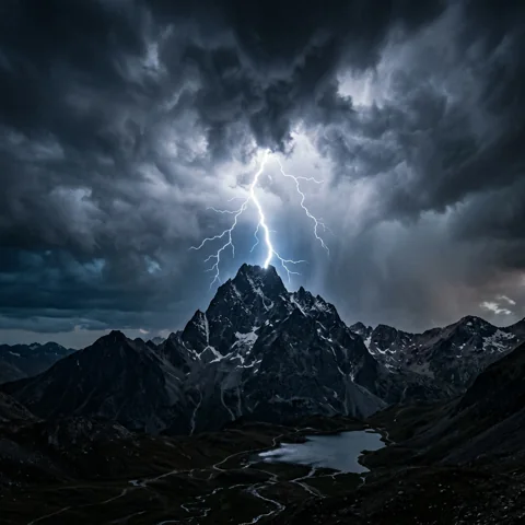 Lightning bolt behind a mountain peak