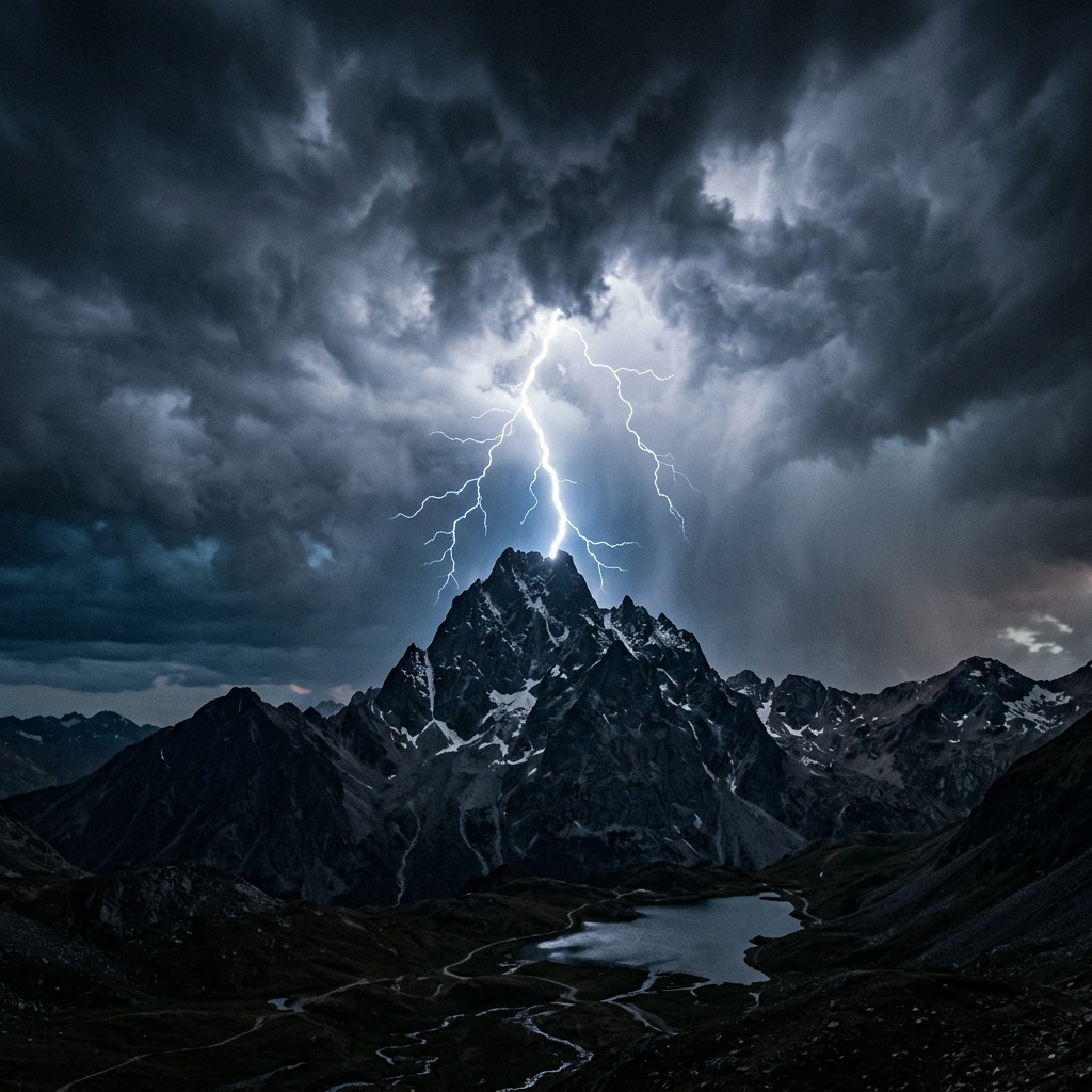 Lightning bolt behind a mountain peak