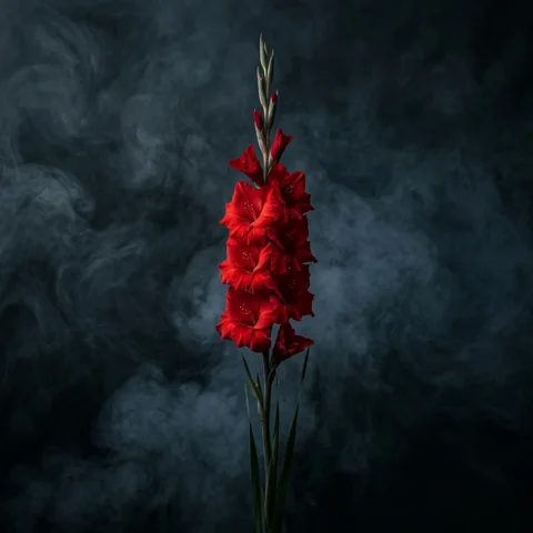 Red gladiolus rising in smoky light