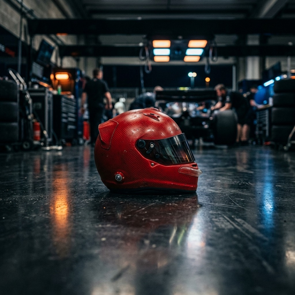 Red racing helmet on glossy dark floor