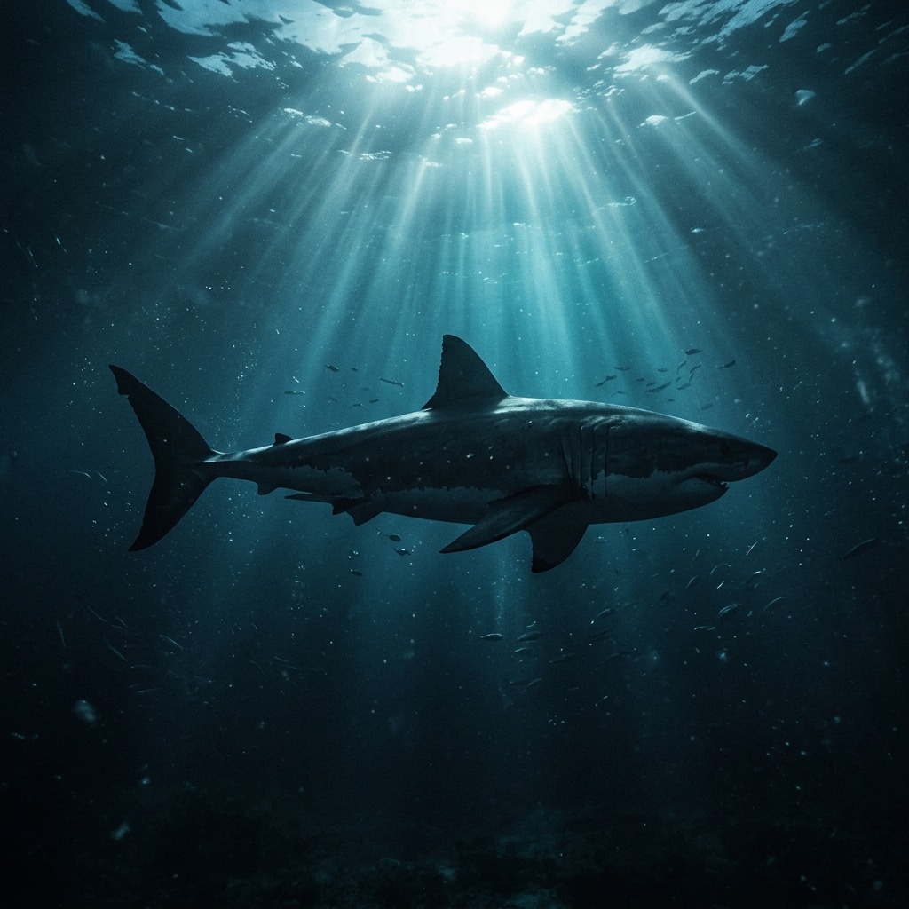 Silver shark silhouette beneath deep ocean light