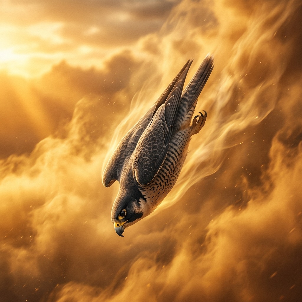 Sleek falcon diving through golden mist